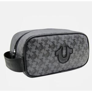 TRUE RELIGION men toiletry bag travel Dopp kit Faux Leather Black Allover Logo